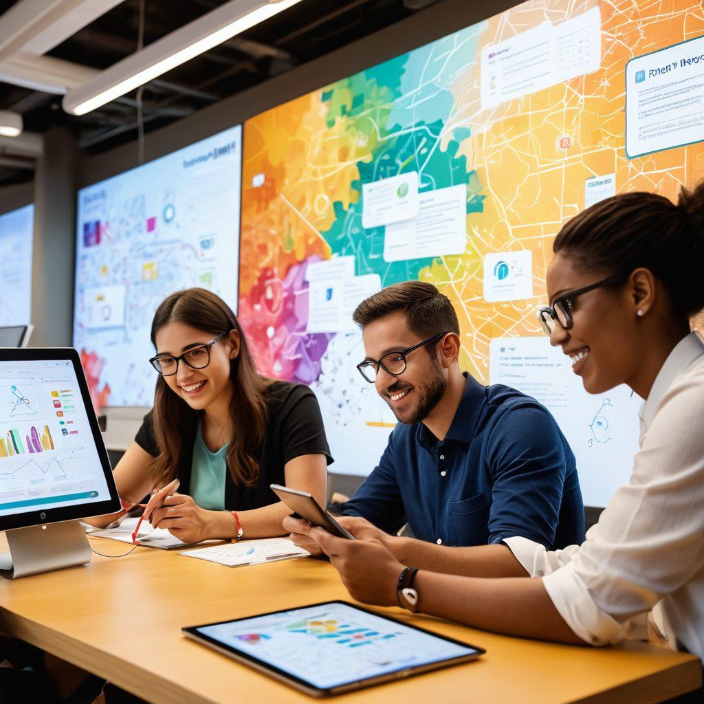 A vibrant and modern workspace illustrating diverse community members using innovative tools for engagement, like tablets and mobile apps, with a digital screen displaying interactive graphs and feedback. In the background, a mural symbolizes connectivity and interaction, with colorful icons representing communication and collaboration. Emphasize a cheerful atmosphere with people actively engaging and sharing ideas. super-realistic. vibrant colors.