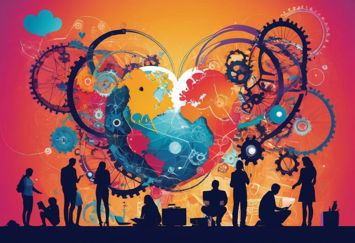 A vibrant collage showcasing interconnected resources and human relationships, depicting people collaborating with digital tools, books, and devices. Elements like gears and hearts symbolizing connection and growth, against a backdrop of a bustling community environment. Bright and inviting colors to suggest innovation and synergy. vector art. vibrant colors.