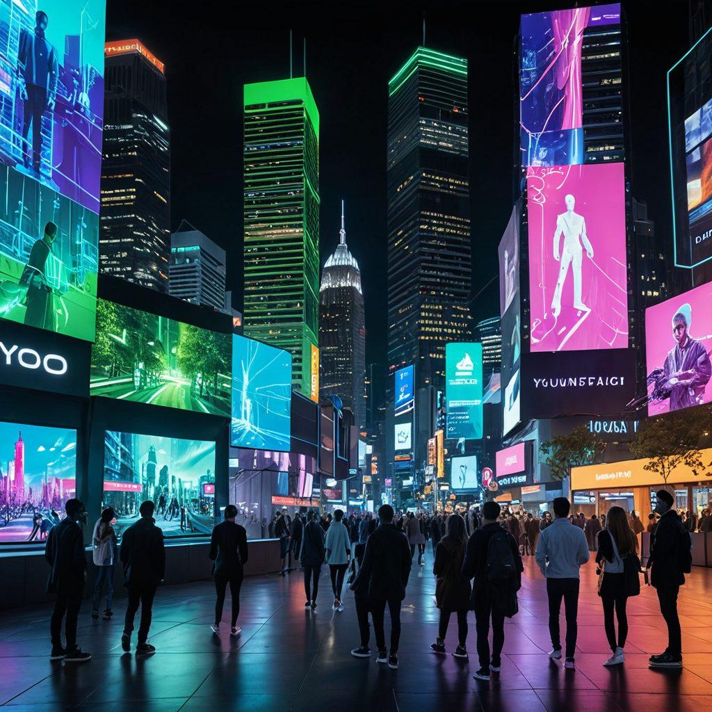 A futuristic cityscape with diverse people interacting through digital screens, symbolizing connection and community. Include elements of technology like holograms and augmented reality interfaces, along with green spaces for balance. The scene should convey a sense of collaboration and engagement, showcasing the Wyoo platform in action. vibrant colors. cyberpunk.